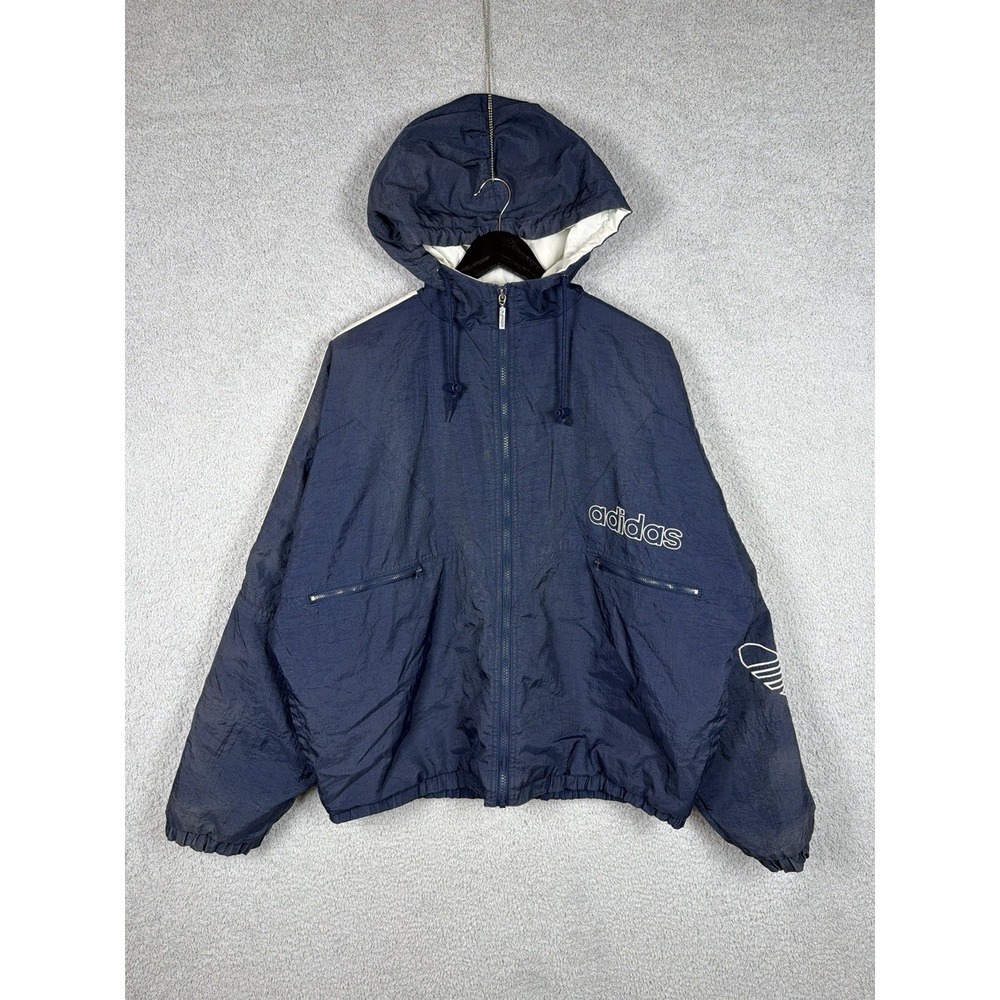 VTG Adidas 90s Trefoil Quilted Puffer Blue Bomber Jacket Size L‎ Baggy Run DMC
